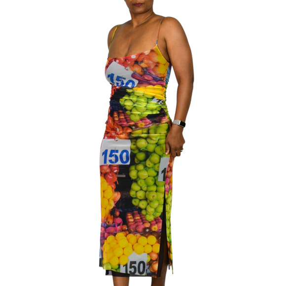 Zara Fruit Market Dress Black Multi Photorealistic Print Slip Midi Column Small - Picture 11 of 14
